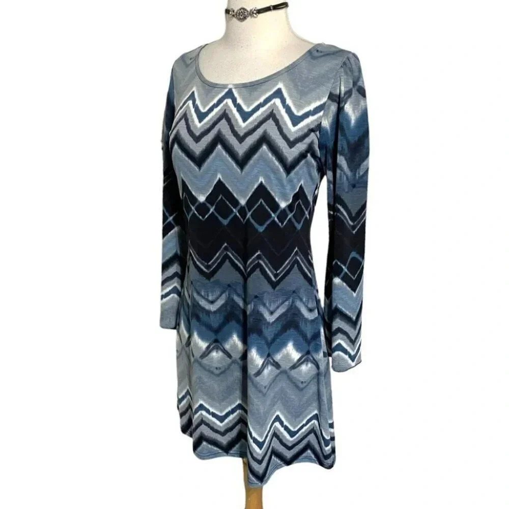 Papillon M blue chevron tie‎ dyed long sleeve dress Retro